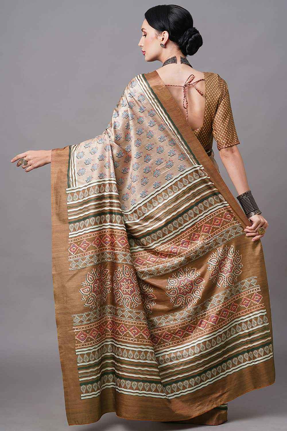 Shop Remi Dola Silk Brown Digital Print One Minute Saree at best offer at our  Store - One Minute Saree