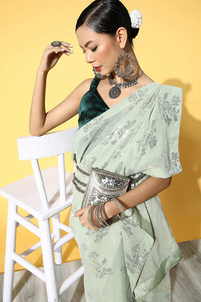 Buy Misty Olive Georgette Sequin Embroidered One Minute Saree Online - Back