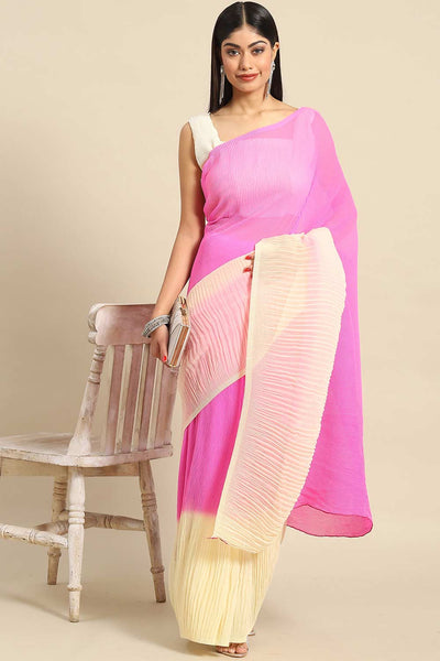 Buy Sia Pink Crepe Pleated One Minute Saree Online - One Minute Saree