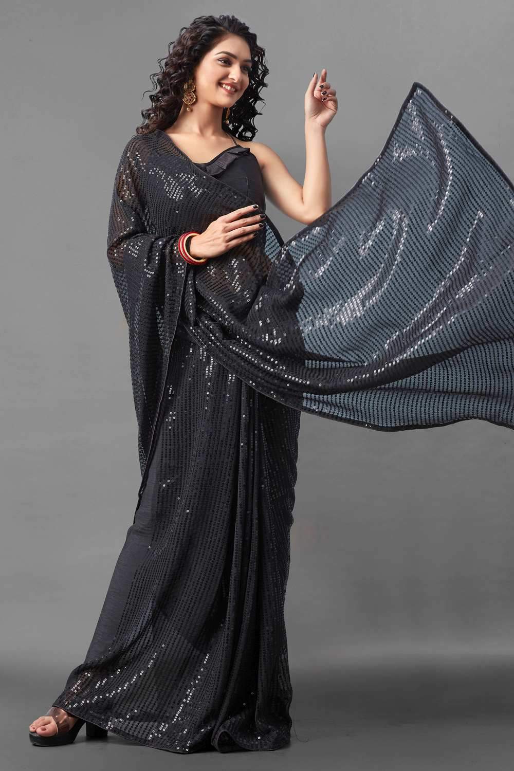 Buy Anjula Black Sequin Embroidery Georgette One Minute Saree Online - Back