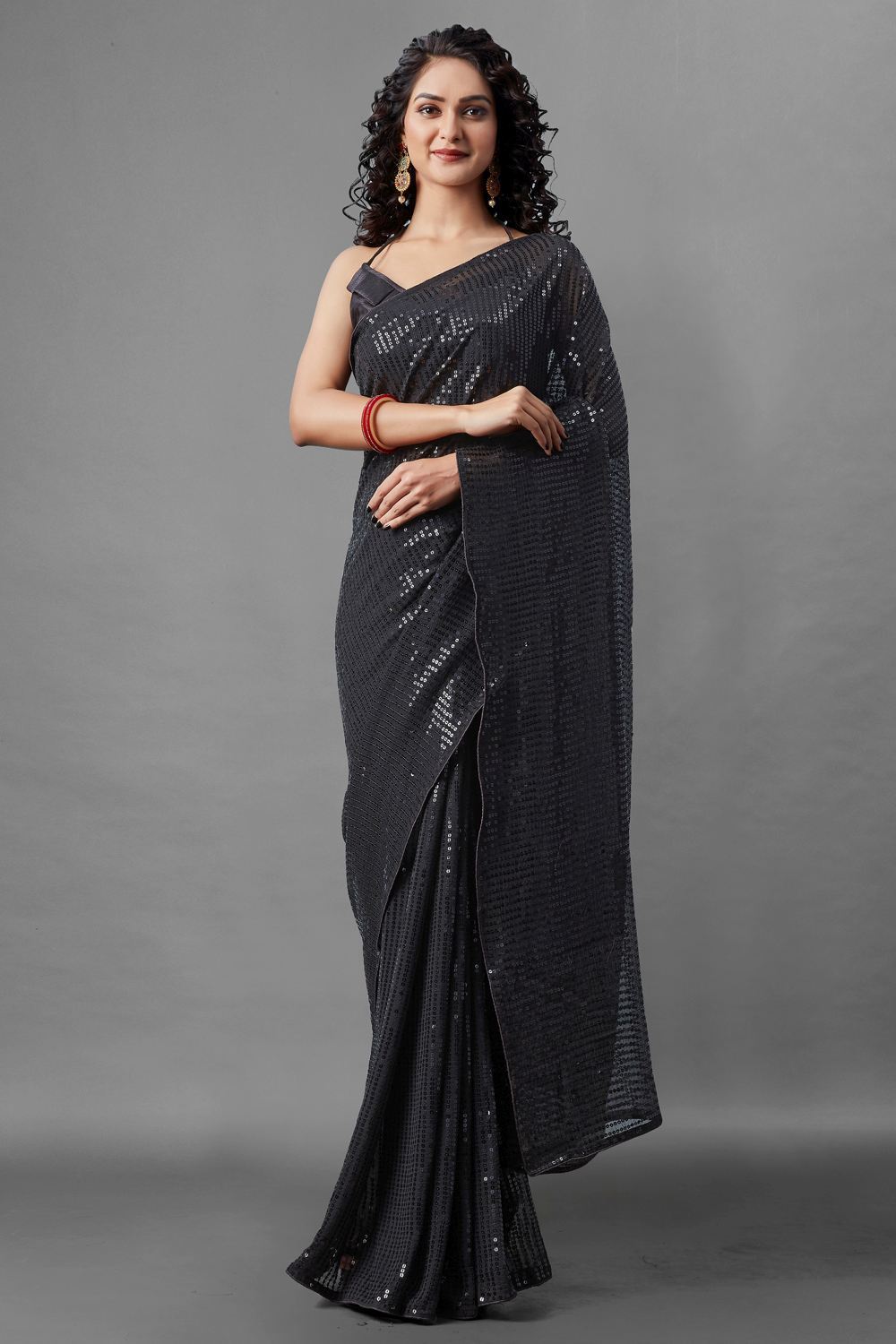 Buy Anjula Black Sequin Embroidery Georgette One Minute Saree Online - One Minute Saree