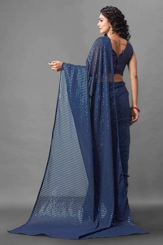 Buy Genna Navy Sequin Embroidery Georgette One Minute Saree Online
