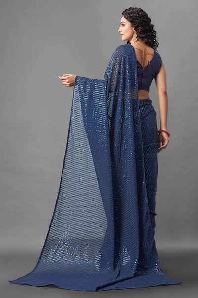 Buy Genna Navy Sequin Embroidery Georgette One Minute Saree Online
