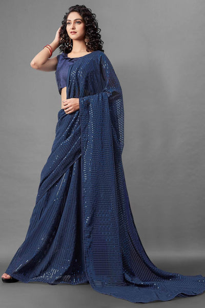 Buy Genna Navy Sequin Embroidery Georgette One Minute Saree Online - Back