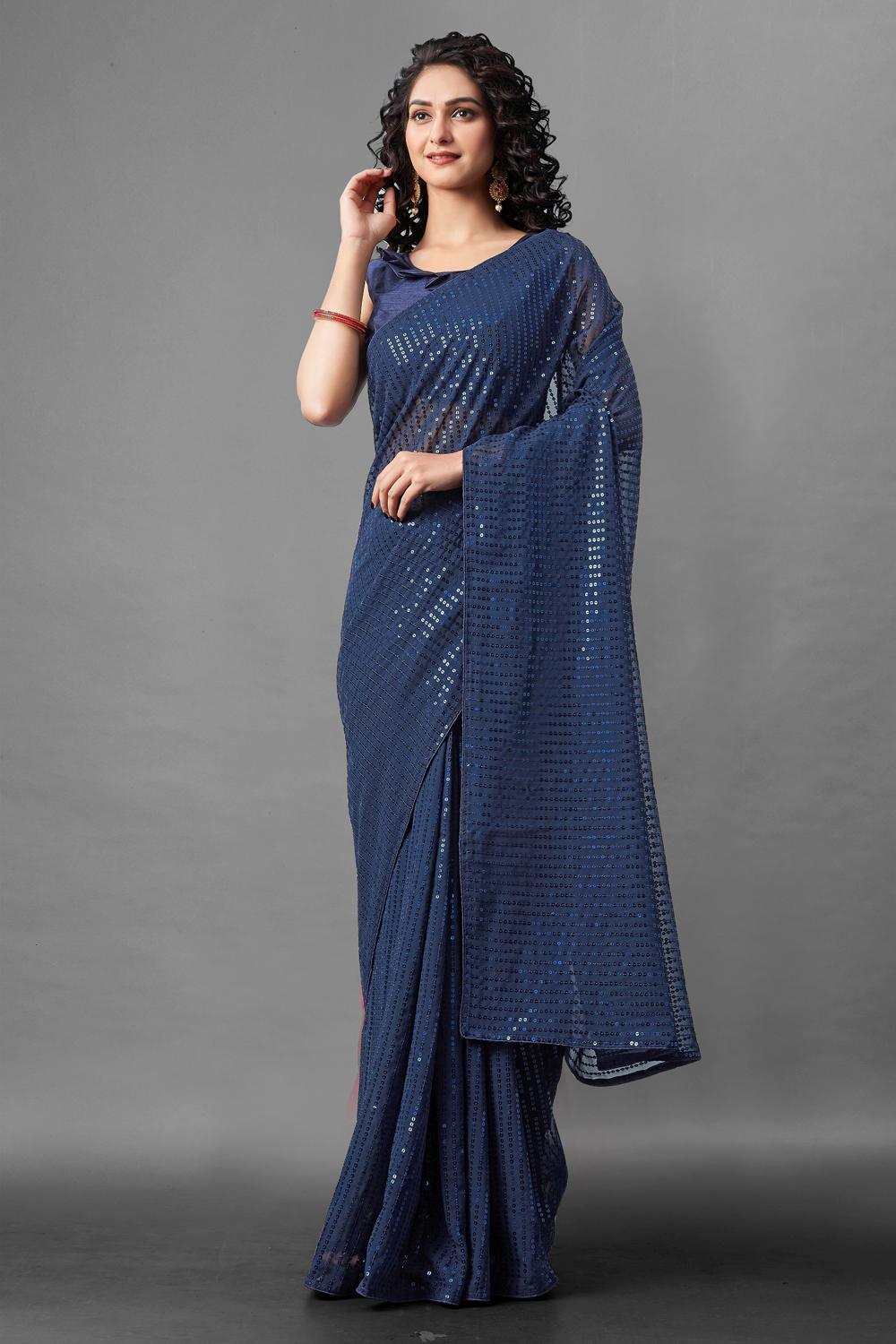 Buy Genna Navy Sequin Embroidery Georgette One Minute Saree Online - One Minute Saree