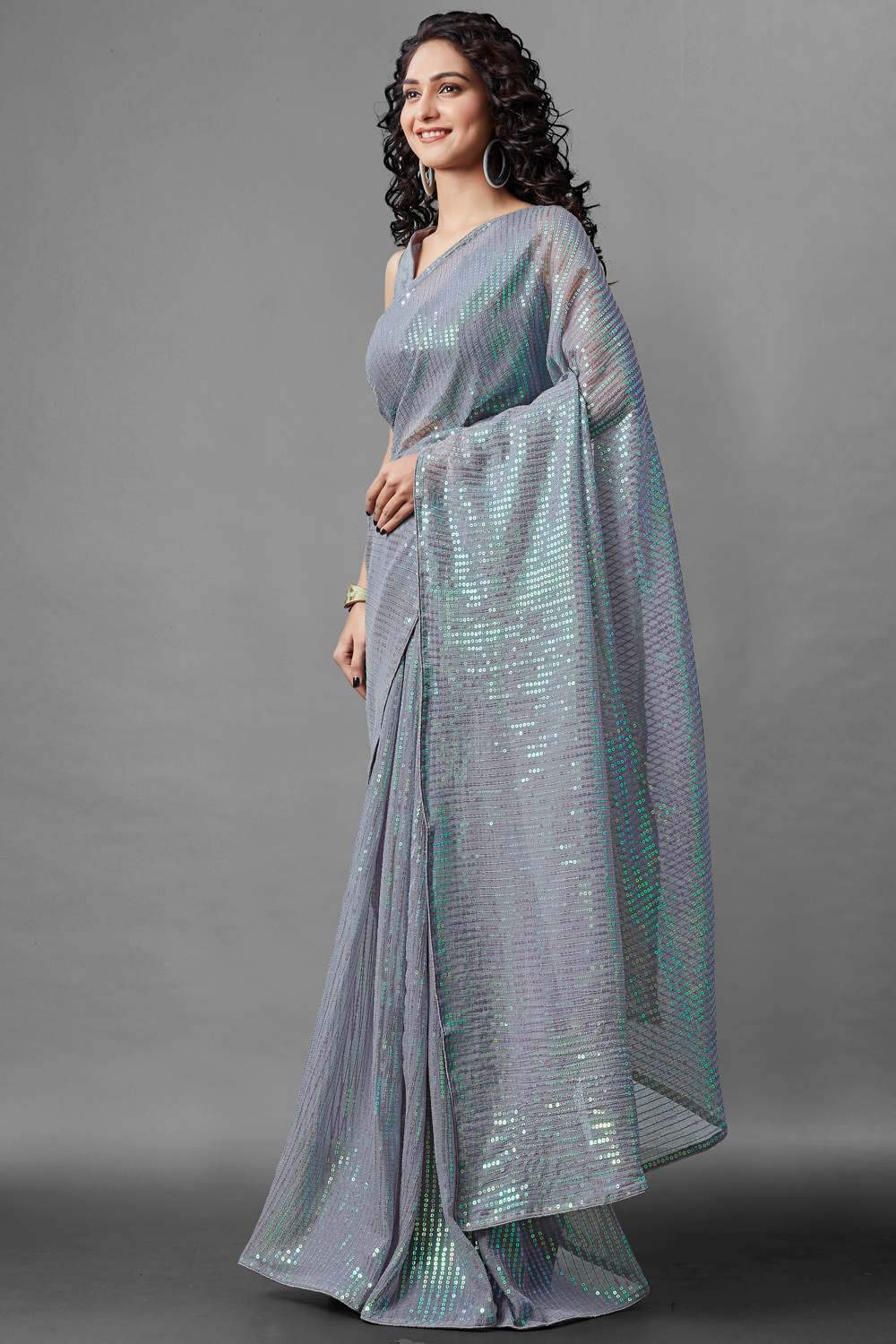 Shop Reese Grey Sequin Embroidery Georgette One Minute Saree at best offer at our  Store - One Minute Saree