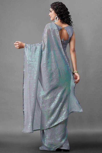 Buy Reese Grey Sequin Embroidery Georgette One Minute Saree Online