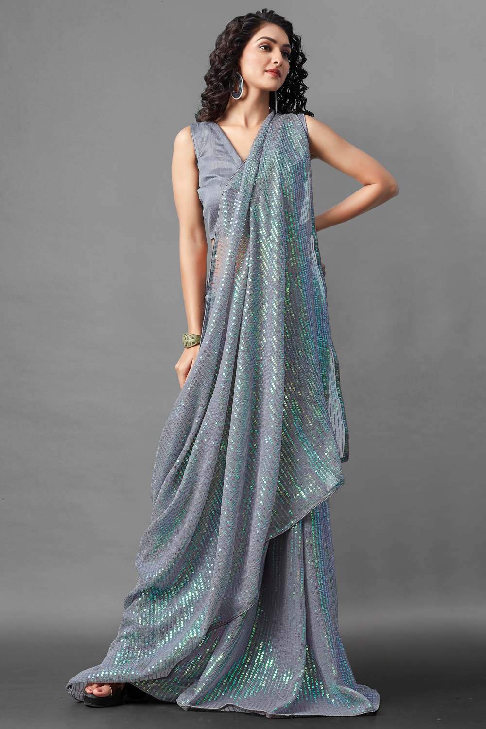 Buy Reese Grey Sequin Embroidery Georgette One Minute Saree Online - Back