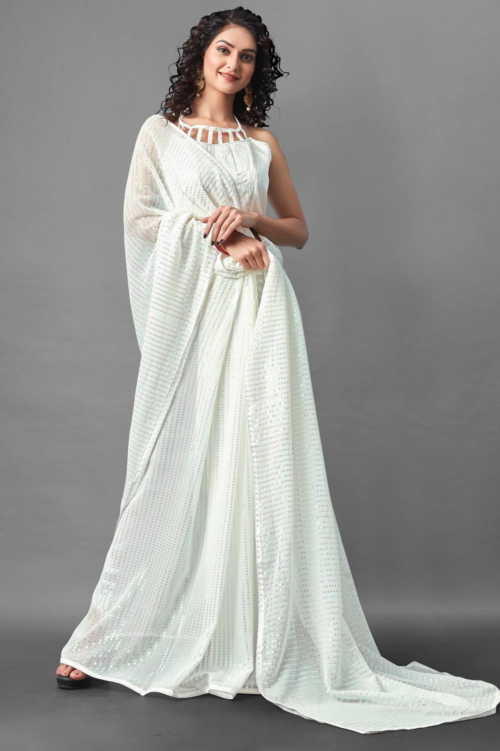 Buy Suri White Sequin Embroidery Georgette One Minute Saree Online - Back