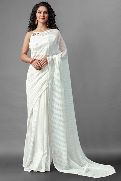 Buy Suri White Sequin Embroidery Georgette One Minute Saree Online - One Minute Saree