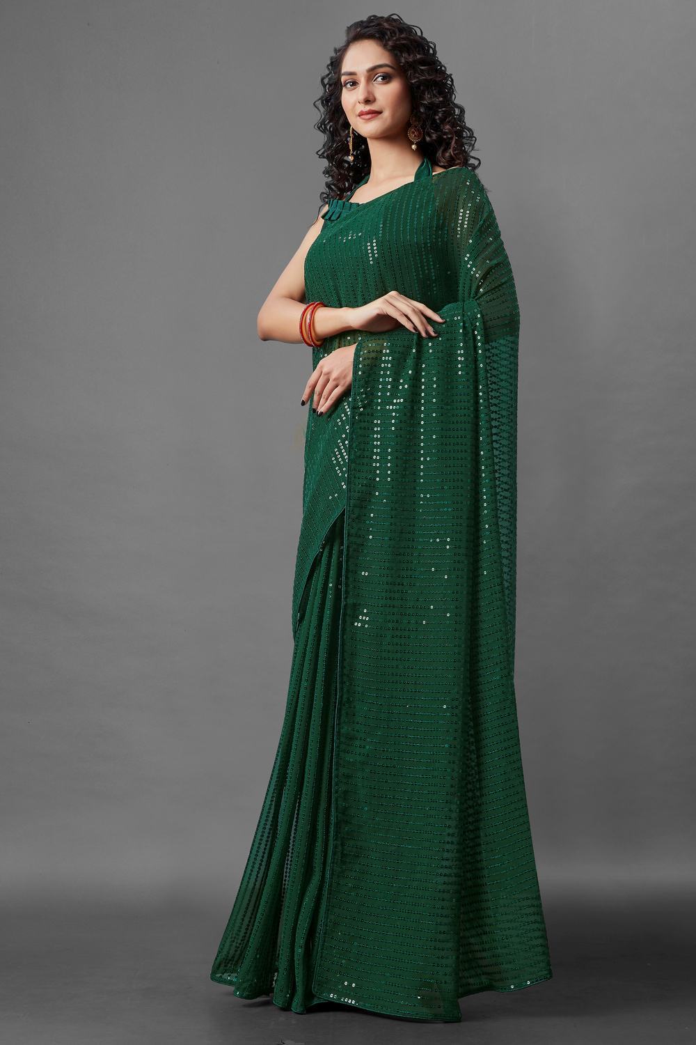 Shop Jules Green Sequin Embroidery Georgette One Minute Saree at best offer at our  Store - One Minute Saree