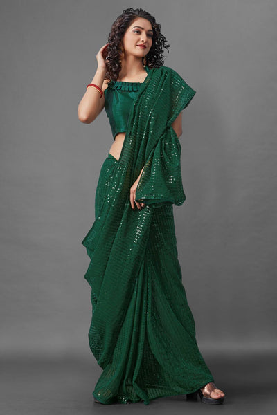 Buy Jules Green Sequin Embroidery Georgette One Minute Saree Online - Back