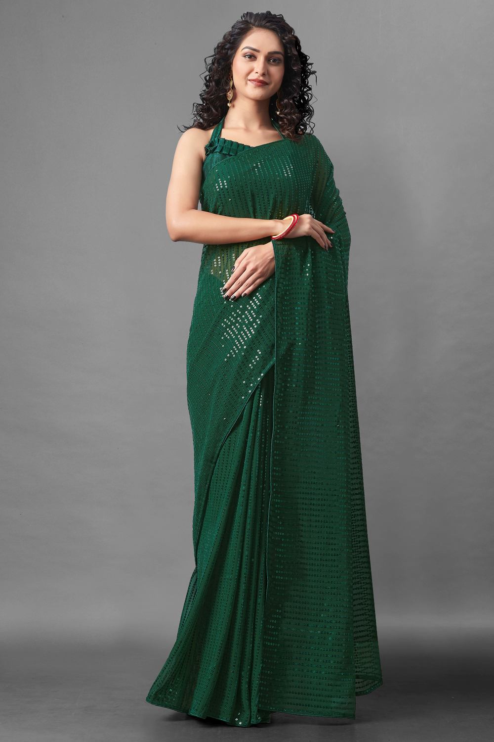 Buy Jules Green Sequin Embroidery Georgette One Minute Saree Online - One Minute Saree