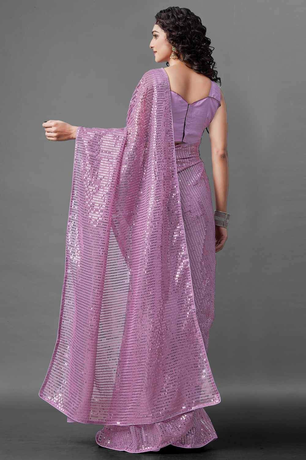 Buy Mari Magenta Sequin Embroidery Georgette One Minute Saree Online