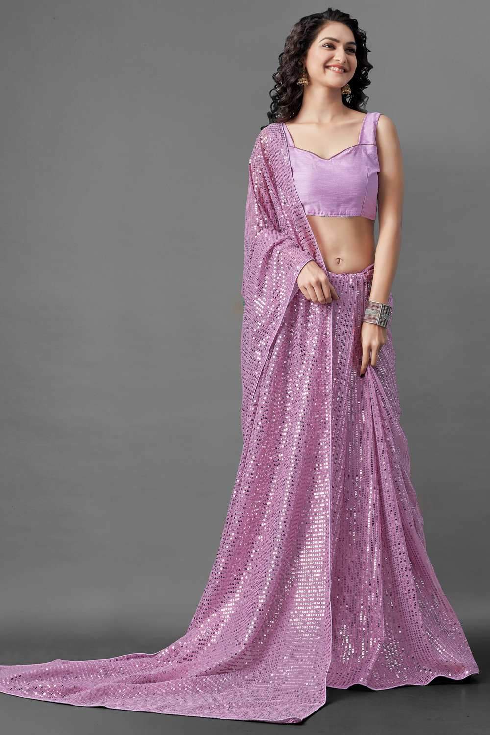Buy Mari Magenta Sequin Embroidery Georgette One Minute Saree Online - Back