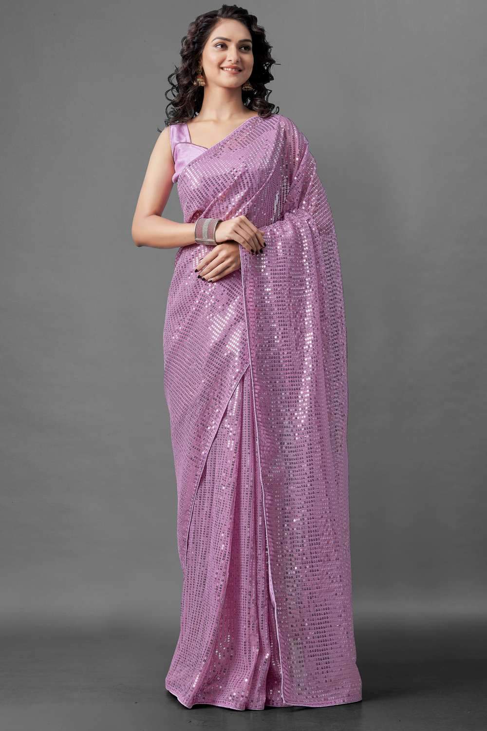 Buy Mari Magenta Sequin Embroidery Georgette One Minute Saree Online - One Minute Saree
