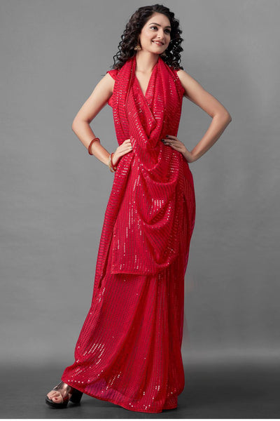 Buy Aaira Red Sequin Embroidery Georgette One Minute Saree Online - Back