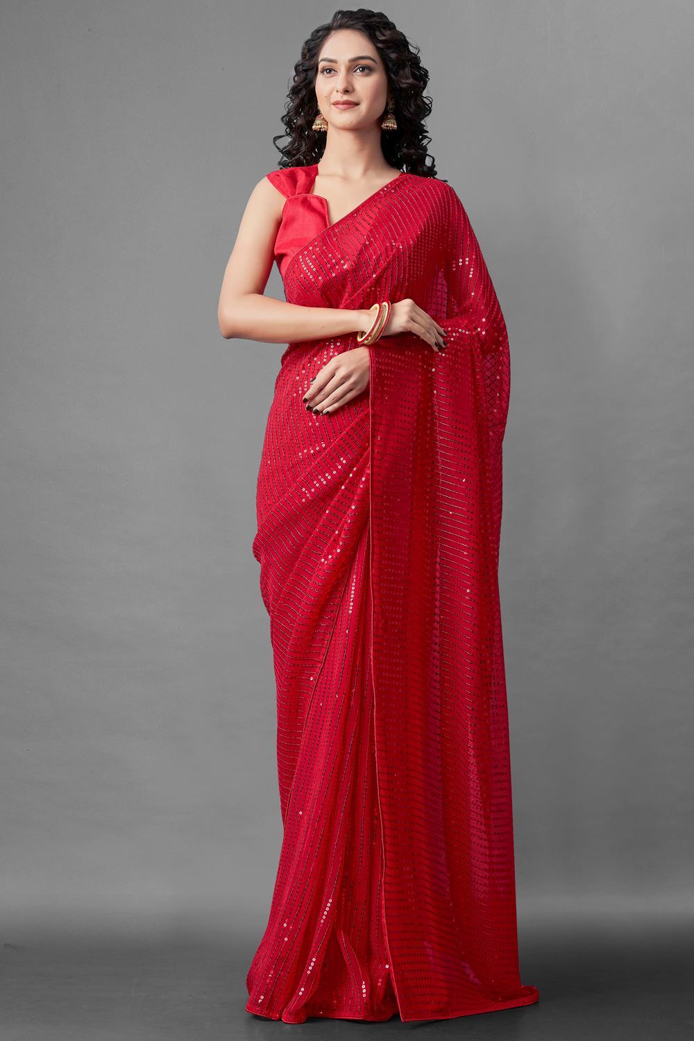 Buy Aaira Red Sequin Embroidery Georgette One Minute Saree Online - One Minute Saree