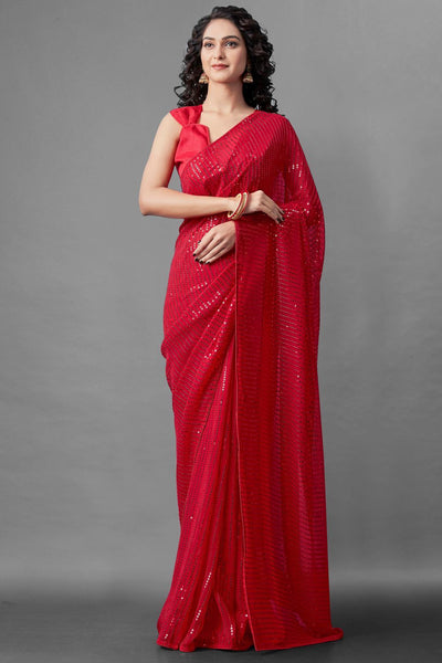 Buy Women's Georgette Sequins Embroidery Saree in Red