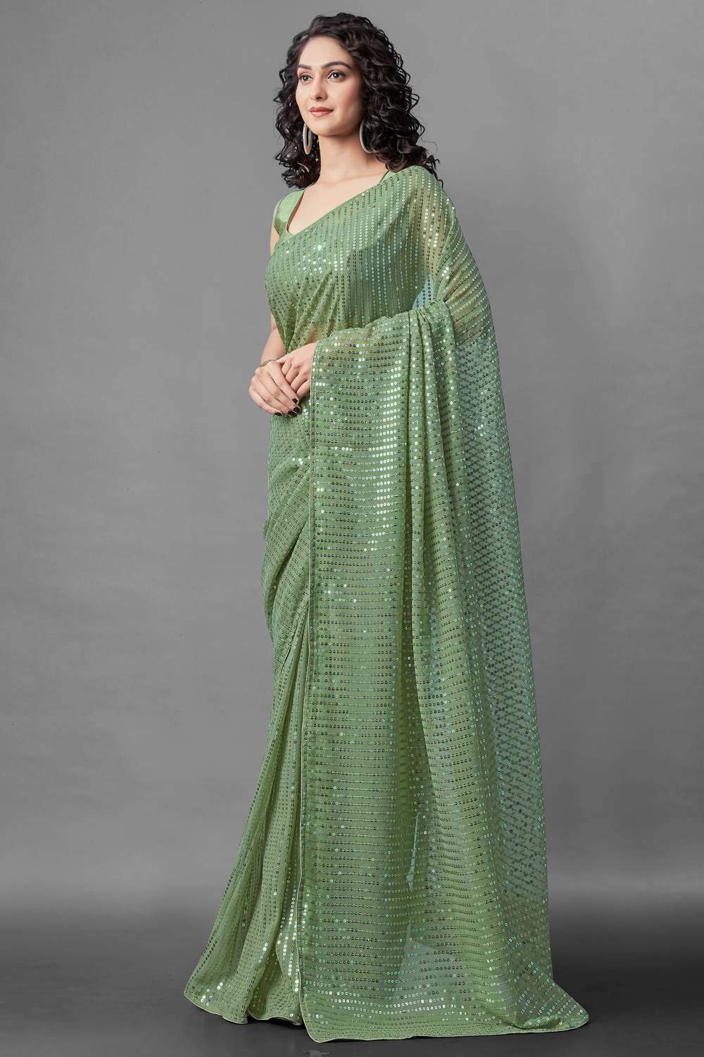 Shop Pastel Green Sequin Embroidery Georgette One Minute Saree at best offer at our  Store - One Minute Saree