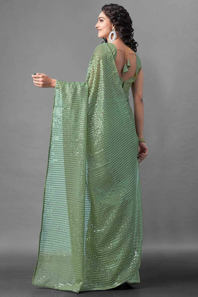 Buy Pastel Green Sequin Embroidery Georgette One Minute Saree Online