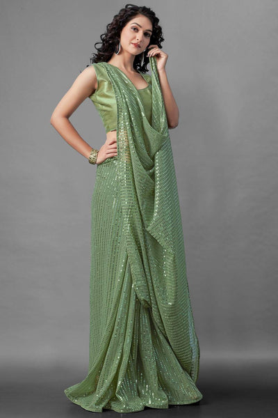 Buy Pastel Green Sequin Embroidery Georgette One Minute Saree Online - Back