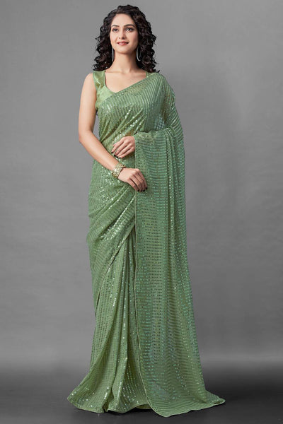 Buy Pastel Green Sequin Embroidery Georgette One Minute Saree Online - One Minute Saree