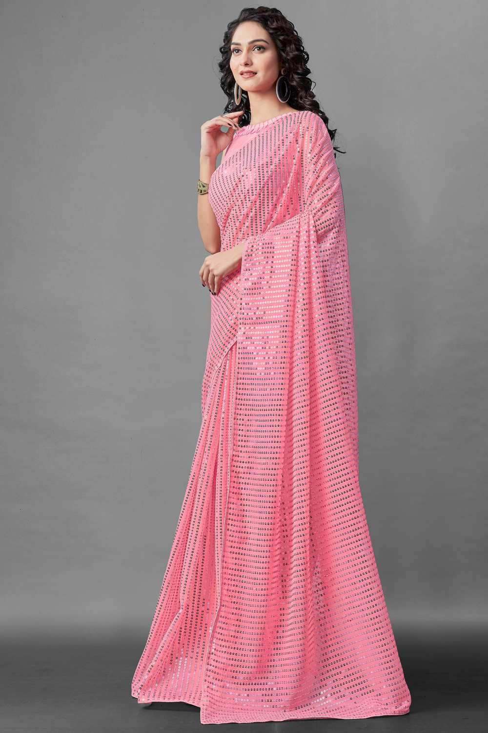 Shop Natasha Pink Sequin Embroidery Georgette One Minute Saree at best offer at our  Store - One Minute Saree