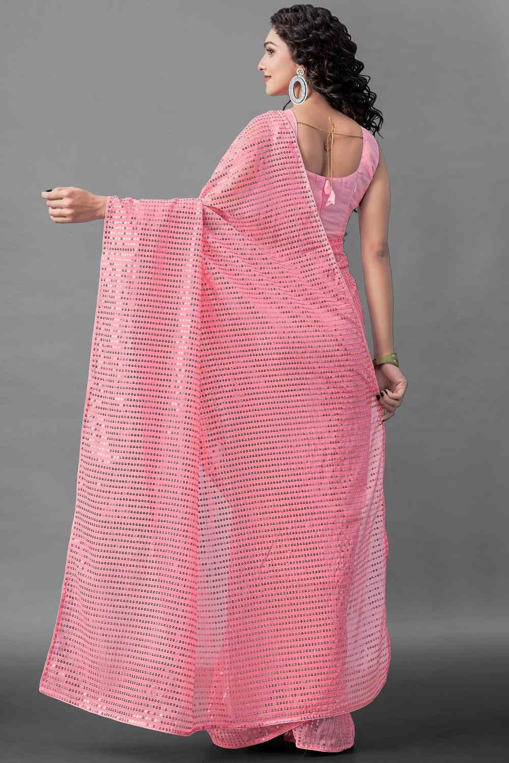 Buy Natasha Pink Sequin Embroidery Georgette One Minute Saree Online