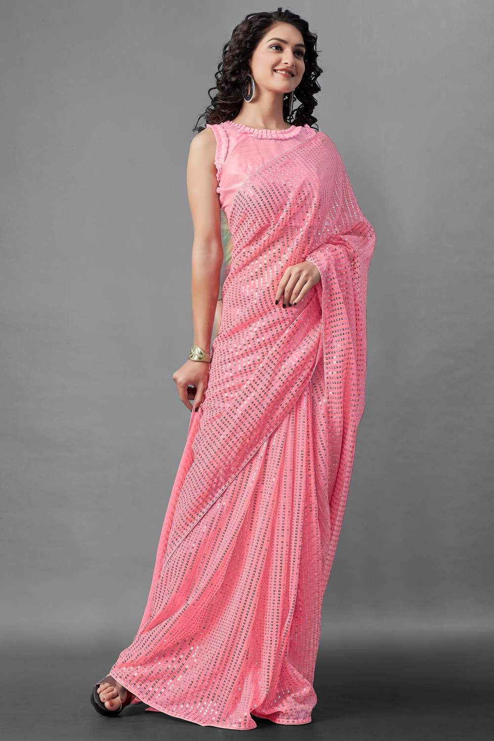 Buy Natasha Pink Sequin Embroidery Georgette One Minute Saree Online - Back