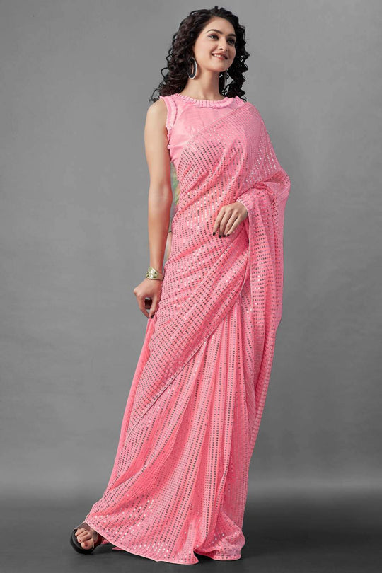 Buy Natasha Pink Sequin Embroidery Georgette One Minute Saree Online - Back