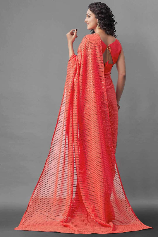 Buy Tina Tomato Red Sequin Embroidery Georgette One Minute Saree Online