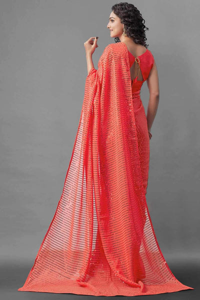 Buy Tina Tomato Red Sequin Embroidery Georgette One Minute Saree Online