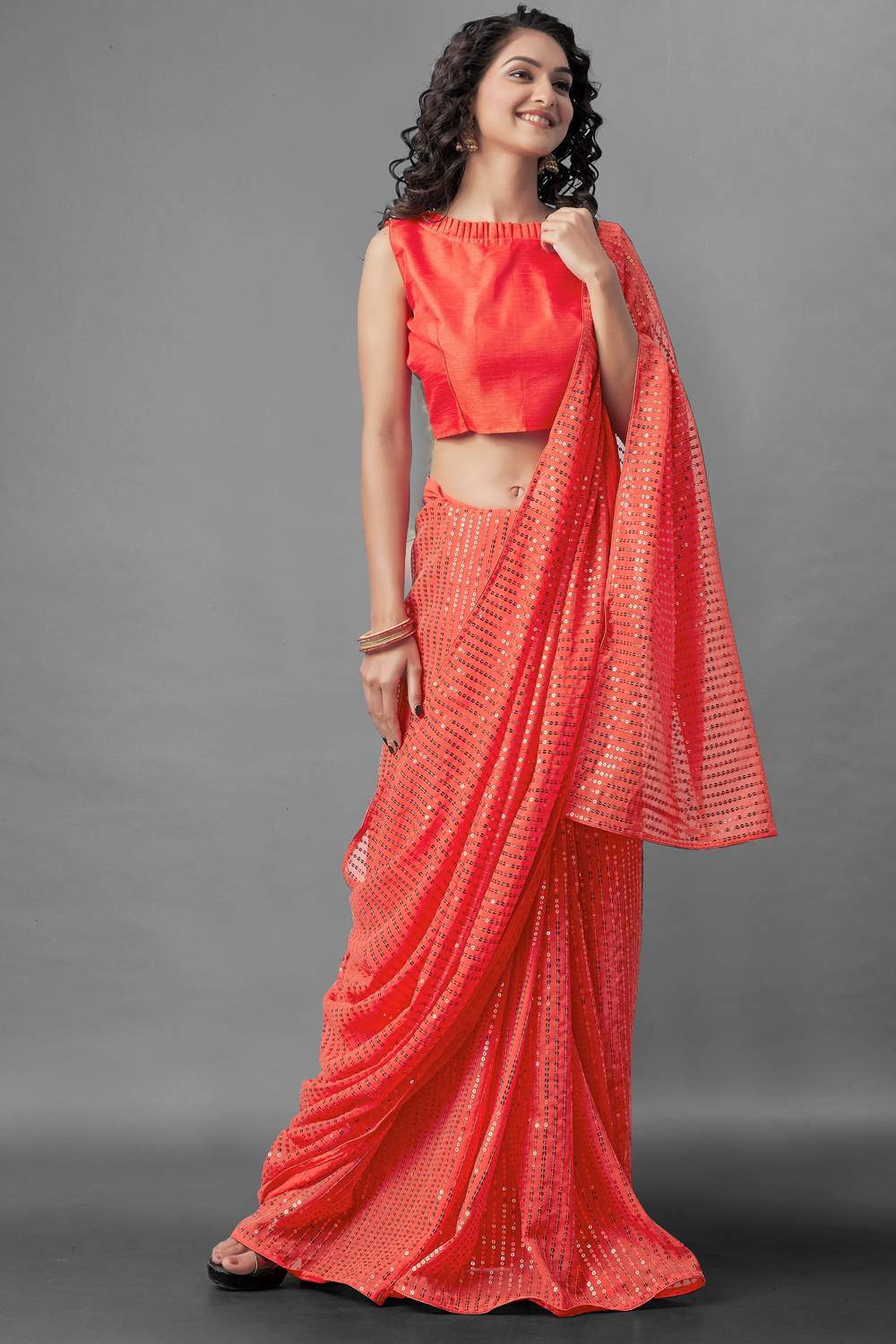 Buy Tina Tomato Red Sequin Embroidery Georgette One Minute Saree Online - Back