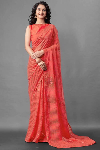 Buy Tina Tomato Red Sequin Embroidery Georgette One Minute Saree Online - One Minute Saree
