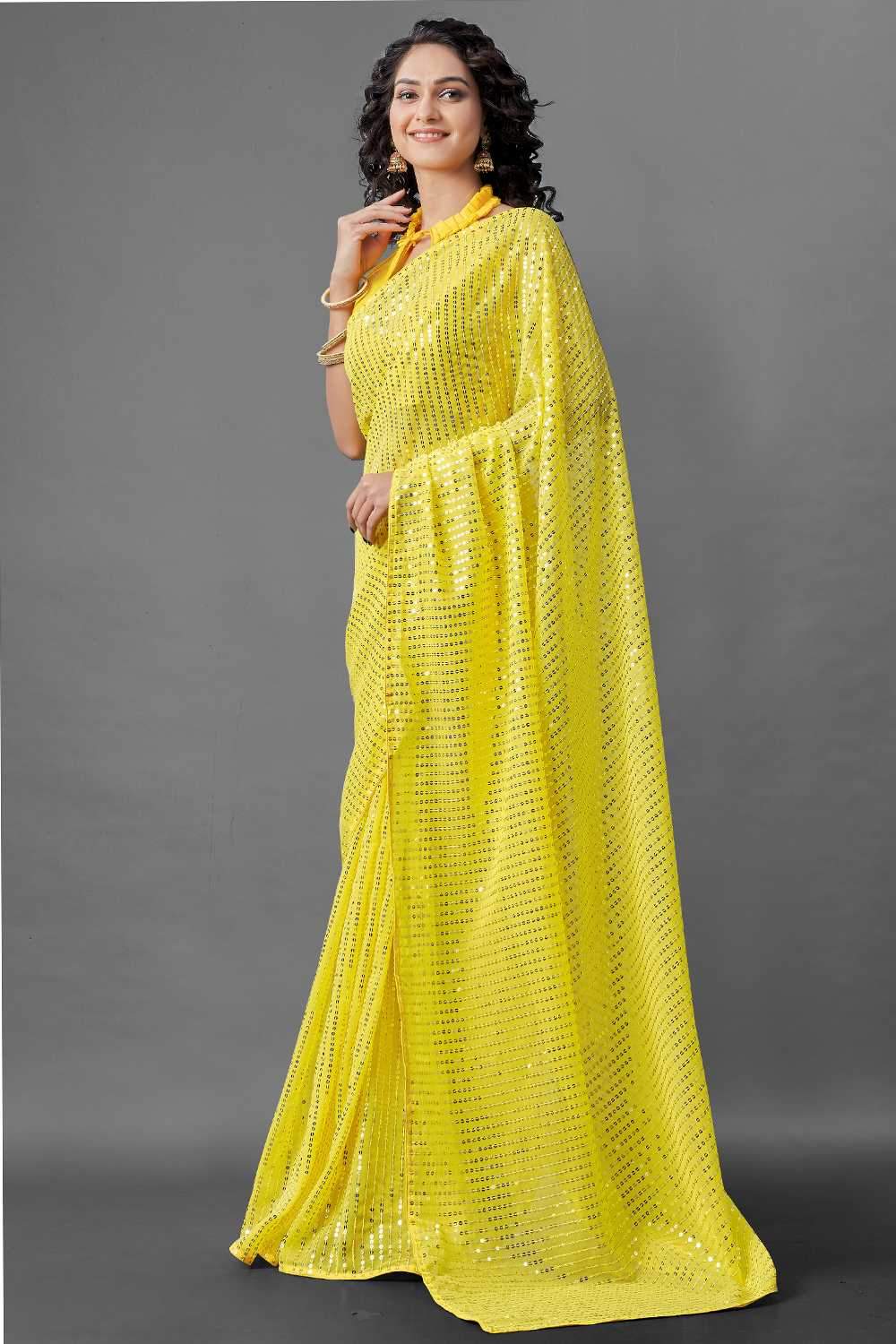 Shop Rekha Yellow Sequin Embroidery Georgette One Minute Saree at best offer at our  Store - One Minute Saree