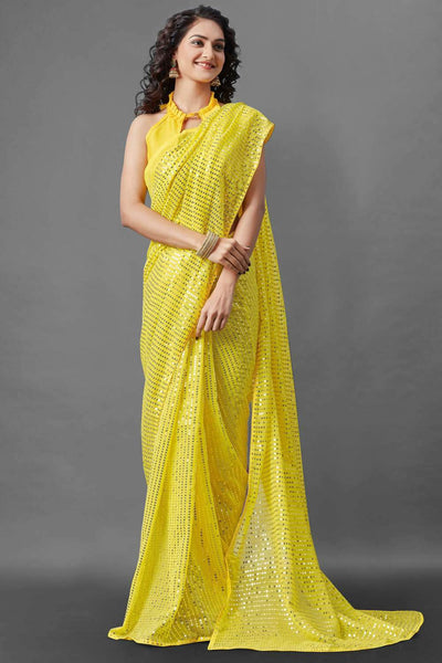Buy Rekha Yellow Sequin Embroidery Georgette One Minute Saree Online - Back