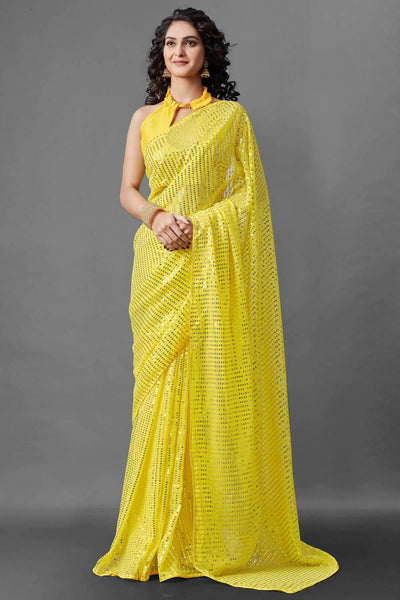 Buy Rekha Yellow Sequin Embroidery Georgette One Minute Saree Online - One Minute Saree