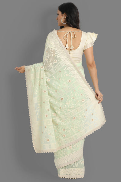 Shop Leanne Green Faux Georgette Embroidered One Minute Saree at best offer at our  Store - One Minute Saree