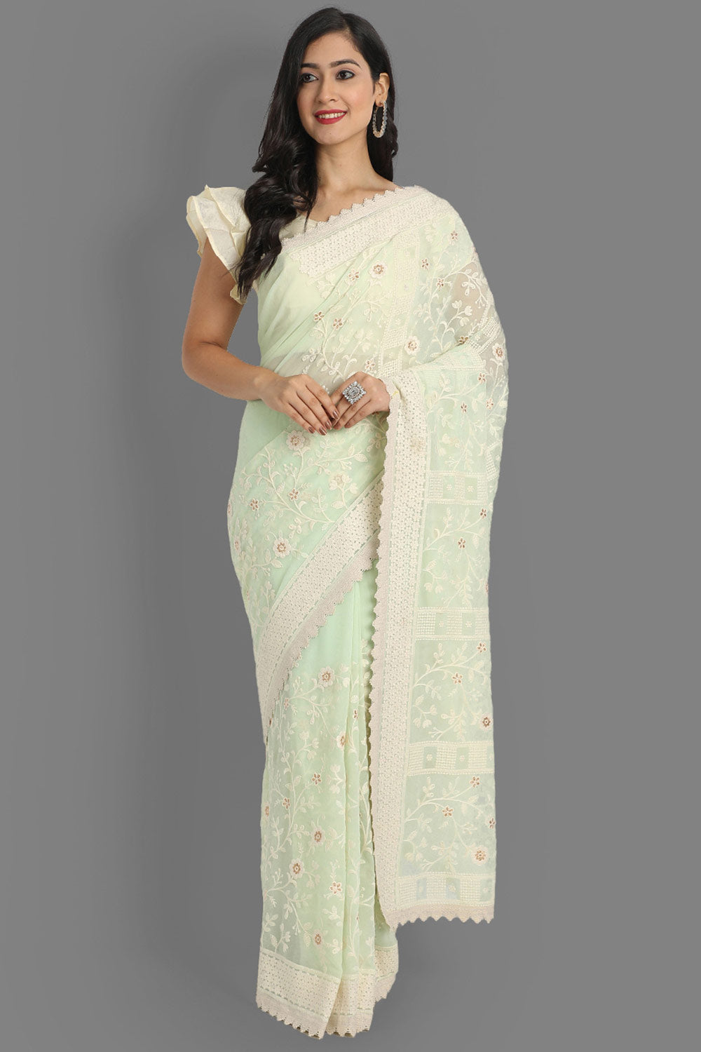 Buy Leanne Green Faux Georgette Embroidered One Minute Saree Online - One Minute Saree