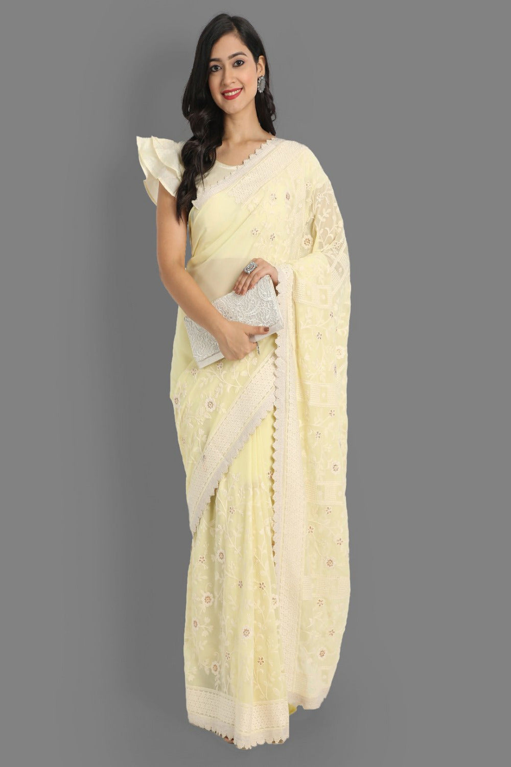 Buy Maria Yellow Faux Georgette Embroidered One Minute Saree Online - One Minute Saree