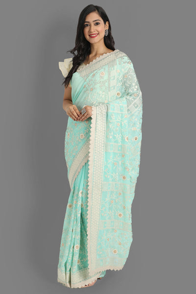 Buy Lucy Blue Faux Georgette Embroidered One Minute Saree Online - One Minute Saree