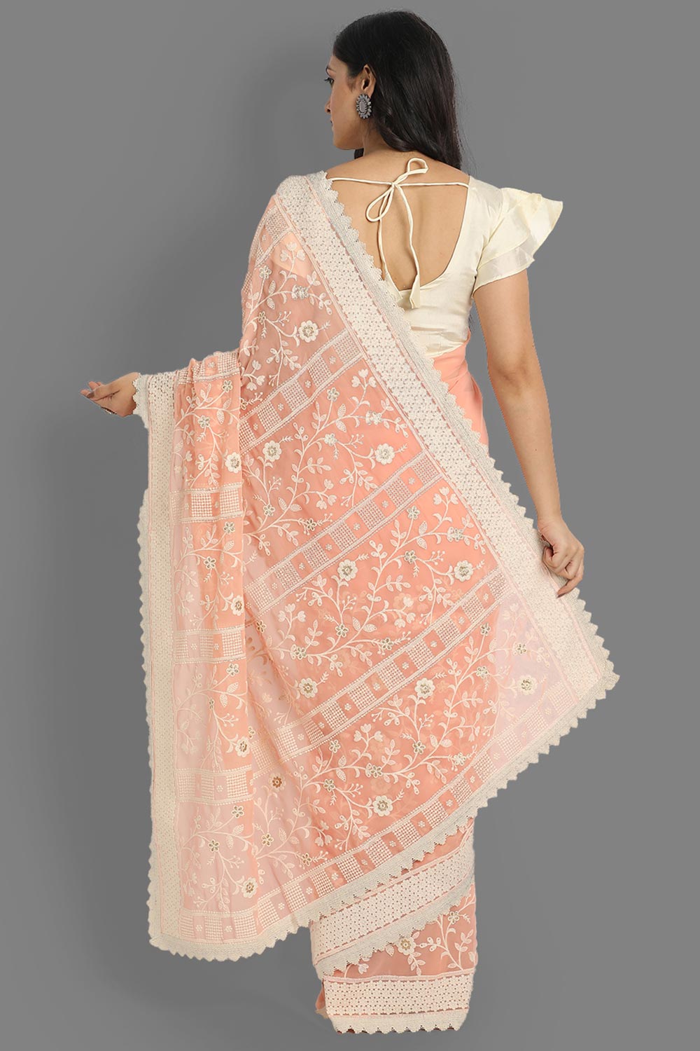 Shop Lata Peach Faux Georgette Embroidered One Minute Saree at best offer at our  Store - One Minute Saree