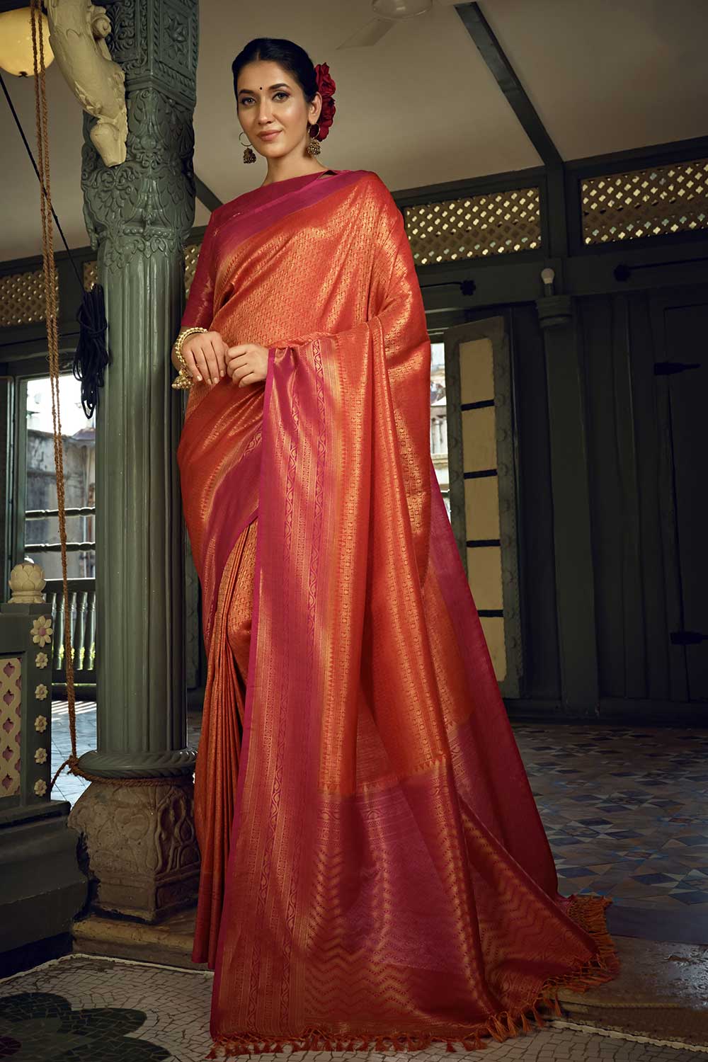 Buy Reese Red Art Silk Woven One Minute Saree Online - One Minute Saree