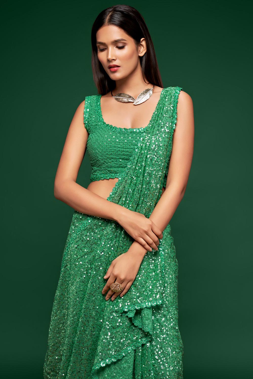 Buy Myra Green Sequins Embroidery Faux Georgette One Minute Saree Online