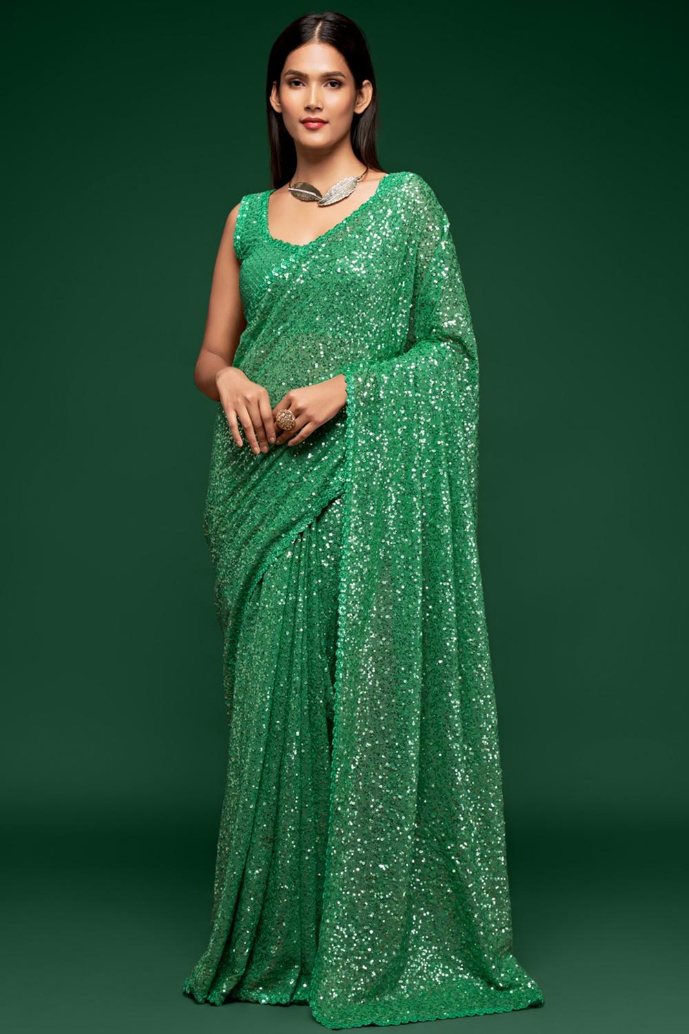 Green Beautiful Party wear Fashionable Fancy Georgette Digital Pirnt Ruffle Frill cheapest Work Saree with Exclusive Festival Wear Saree Indian Saree