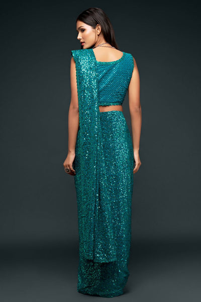 Shop Hailey Teal Sequins Embroidery Faux Georgette One Minute Saree at best offer at our  Store - One Minute Saree