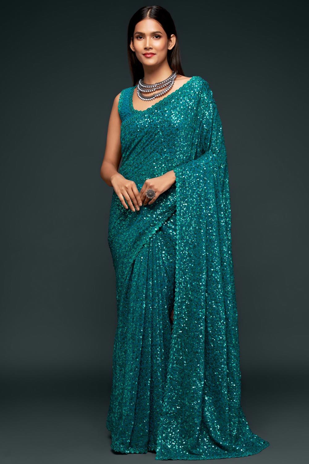 Buy Hailey Teal Sequins Embroidery Faux Georgette One Minute Saree Online - One Minute Saree