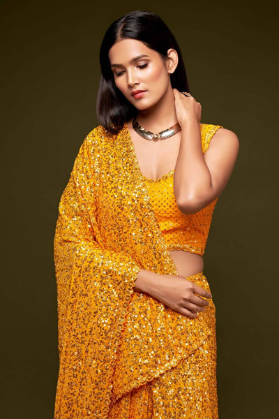 Buy Yasmine Orange Sequins Embroidery Faux Georgette One Minute Saree Online