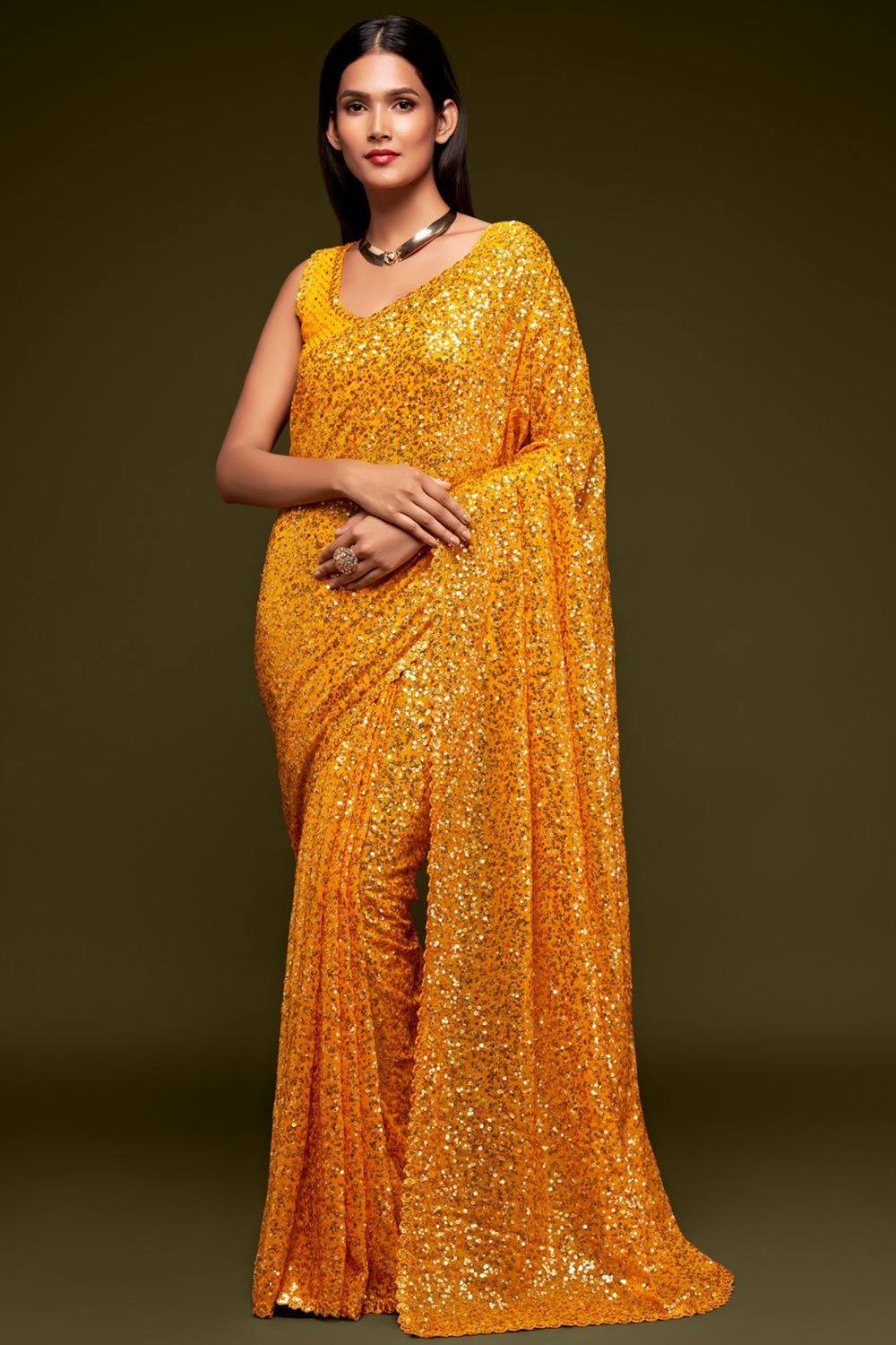 Buy Yasmine Orange Sequins Embroidery Faux Georgette One Minute Saree Online - One Minute Saree